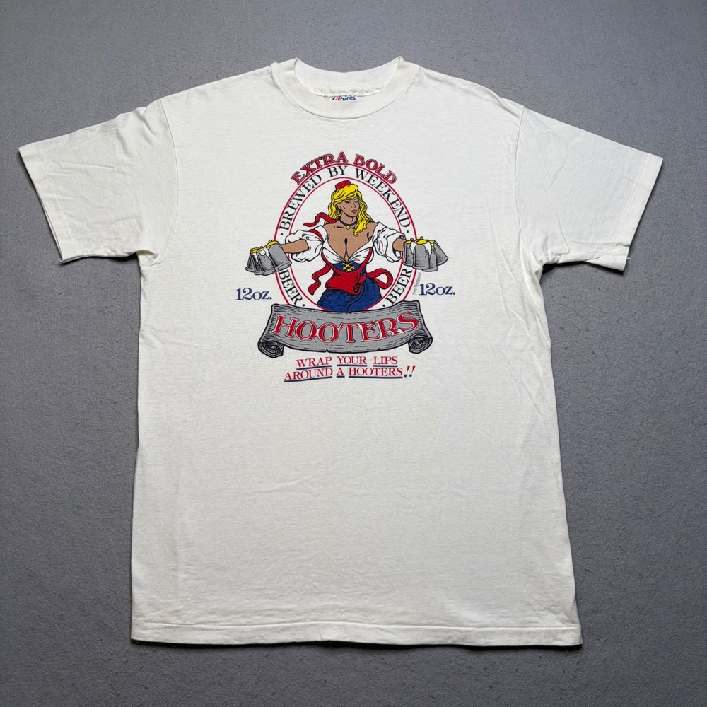 Hanes T-Shirt Mens Large White Hooters Beer Parody‎ Vintage 90s Beefy-T USA Made